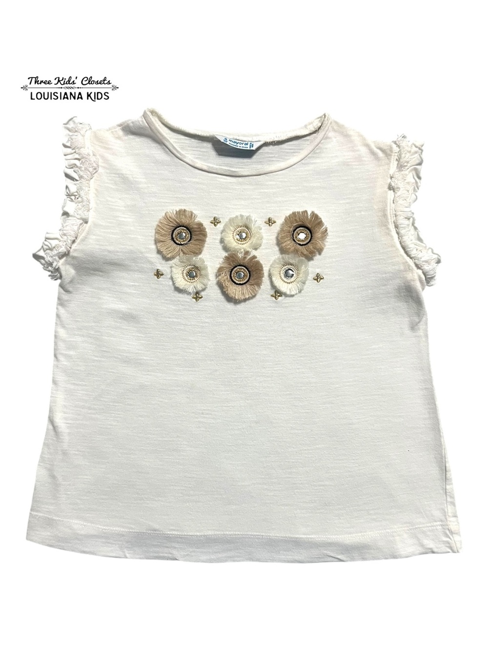 Mayoral 8Y Cream Floral Appliqué Ruffle Sleeve Top